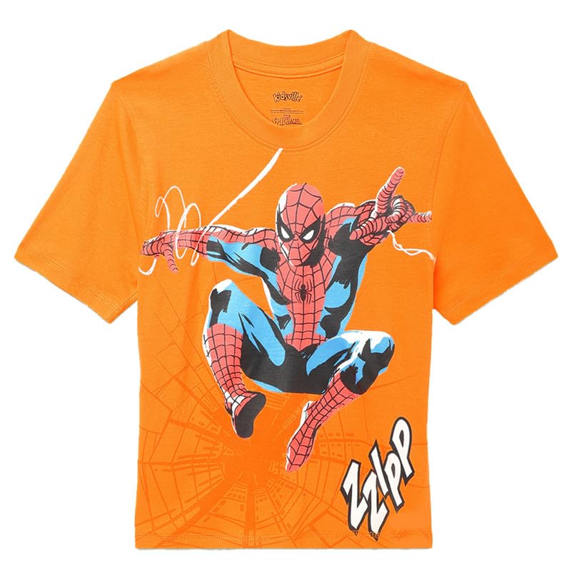 Image of Kidsville Spiderman Printed Regular Fit Orange Cotton Boy's T-Shirt