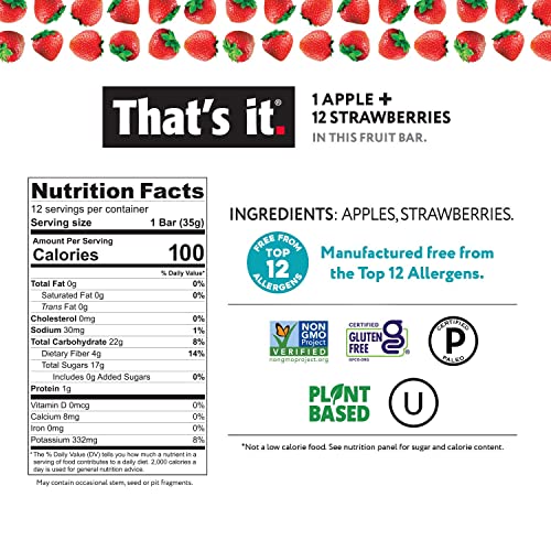 That's It. Apple + Strawberry 100% Natural Real Fruit Bar, Best High Fiber Vegan, Gluten Free Healthy Snack, Paleo For Children & Adults, Non Gmo No Sugar Added, No Preservatives Energy Food (12 Pack) #TOP2