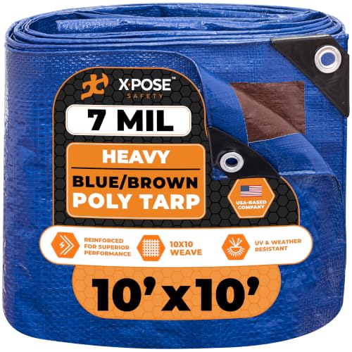 Image of Xpose Safety 10' x 10' Heavy Blue /Brown Tarp - Waterproof - 7 Mil Weatherproof Camping Tarp for Tent, Rain, Wind & Sun - Plastic Tarpaulin Cover Outdoor for Roof, Trailer, RV, Car, Boat