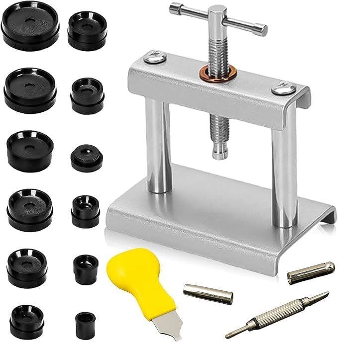Kit de presse horloge : 15 pièces d'outils d'insertion, fermeture de boîtier avec 12 plaques de pression, inserts en plastique, presse de couvercle de...