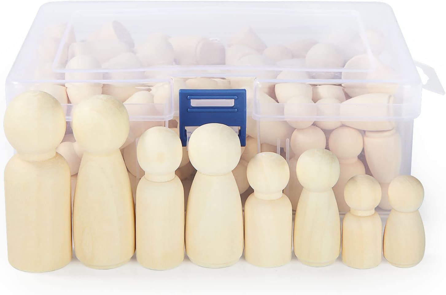 JMIATRY 100PCS Wooden Peg People Wooden Peg Dolls Unfinished Wooden People Figures With Storage Case Pegs Dolls Family Woodens Peoples for Craft Art Projects and Decoration (8 Size,1.3 to 2.56 inches)