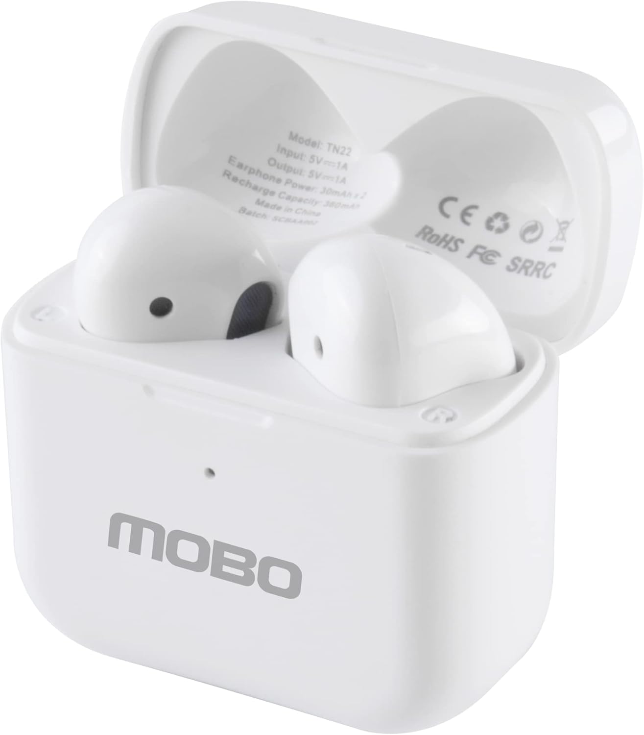 Mobo Bluetooth One earbuds in their open charging case, showing the model number TN22 and input/output specifications.