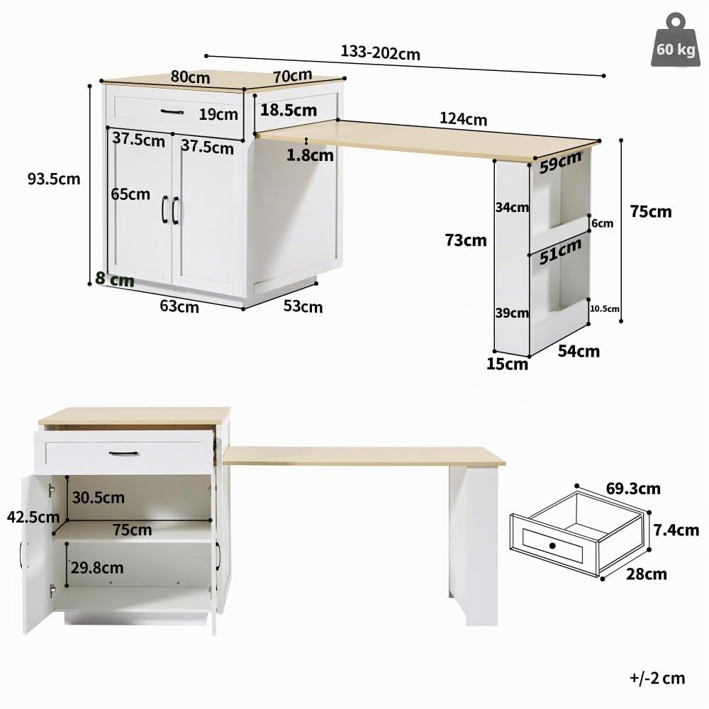 Sapgaks - Mesa de bar extensible con espacio de almacenamiento (133-202 × 70 × 93,5 cm), mesa de comedor extensible, isla de cocina para 2 a 6 personas, carrito de cocina con estantes laterales, color