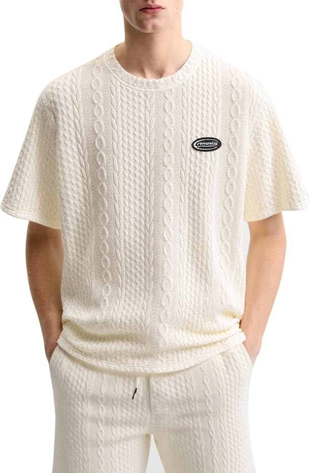 Image of Men's Casual Jacquard Textured Letter Patch Design Short Sleeves T-shirt Or Drawstring Shorts -Co-ord Available(Shorts Light Yellow /L)
