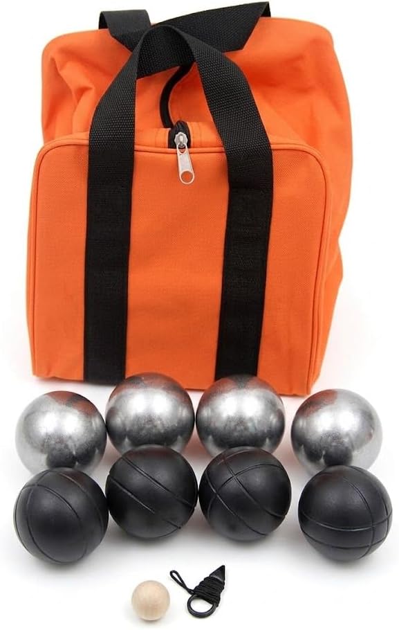 BuyBocceBalls Listing - 73mm Metal Bocce/Petanque Set with 4 Black and 4 Grind Sand Balls and Heavy Duty Orange Nylon Bag - Single