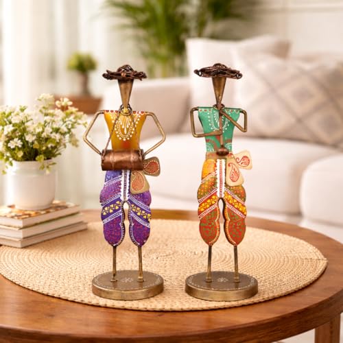 Image of CraftVatika Handpainted Iron Standing Musician Set of 2 Playing Musical Instrument Figurine Showpiece for Home Decor, Multicolor (13.5 Inches Height)
