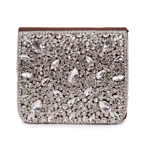 Image of THE TAN CLAN Kavya Beige Flap Over Bag Clutch Purses Luxury Evening Handbags with Handle