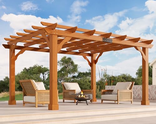 Jocisland 10x12 FT Premium Cedar Wood Pergola with Trellis Roof & Weather-Resistant Support Outdoor Pergola Kit with Stakes Backyard Gazebo for Garden Patio & Events Reddish-Brown