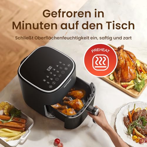 Heißluftfritteuse, 5 L für 3-5 Personen, perfekt für Fleischliebhaber mit max. einstellbarer Temperaturregelung & 24-Stunden-Timer, leise, Antihaftkorb & Crisp-Platte, Grün