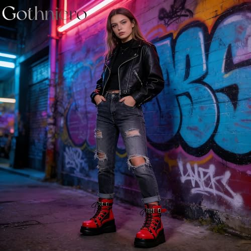 Image of Gothniero Platform Goth Ankle Boots for Womem Black Holographic Combat Chunky Heel Boots with Side Zip Lace Up Wedge Booties US5.5-11