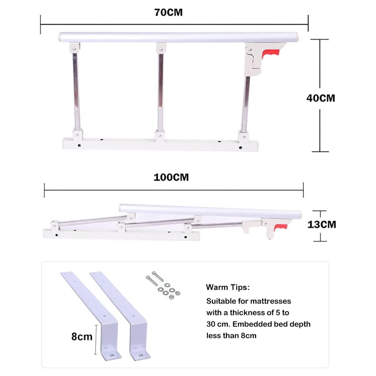Sponda Letto Ribaltabile per Anziani, Parapetto letto per Adulti Disabili, Sponda Sicurezza da Portatile, Barriera per Letto in Metallo, Protezione Anticaduta, 70x40cm, (Colore : Silver)