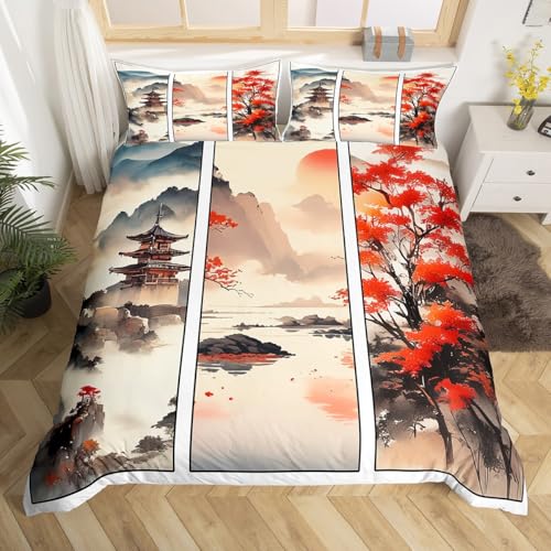 Homemissing Peinture à l'encre Vintage Parure de Lit Peinture de Paysage Chinois Housse de Couette 240x260cm Feuille d'érable kiosque éclaboussure d'encre...