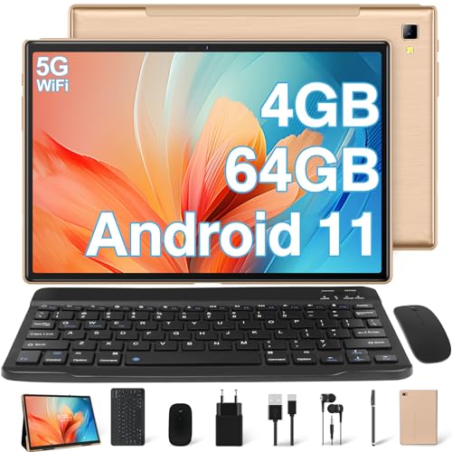YESTEL Tablet 10 Pulgadas con 5G+2.4G WiFi Android 11 4GB RAM 64 GB ROM (1TB TF), Octa-Core 1.6 GHz, Batería 6000 mAh, 5 MP + 8 MP, 1280 * 800 HD con Teclado y Ratón y Funda, Oro