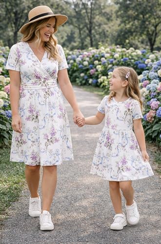 Image of Mommy and Me Floral Dresses Mother Daughter Matching Short Sleeve Tshirt Midi Dress Crew Neck Outfits with Pockets