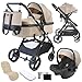 Twinly Carrito de Bebe 3 en 1 – Carro Bebe 3 Piezas Convertible con Grupo 0 (i-Size), Capazo y Silla de Paseo – FABULY – Plegable y Ligero con Bolso, Plástico Lluvia y saco – (Beige)