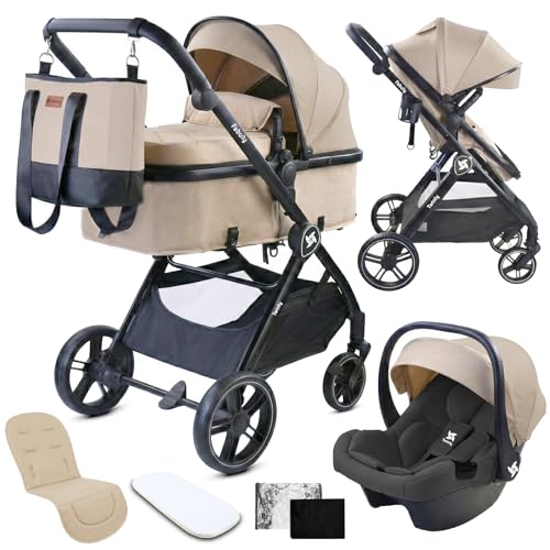 Twinly Carrito de Bebe 3 en 1 – Carro Bebe 3 Piezas Convertible con Grupo 0 (i-Size), Capazo y Silla de Paseo – FABULY – Plegable y Ligero con Bolso, Plástico Lluvia y saco – (Beige)