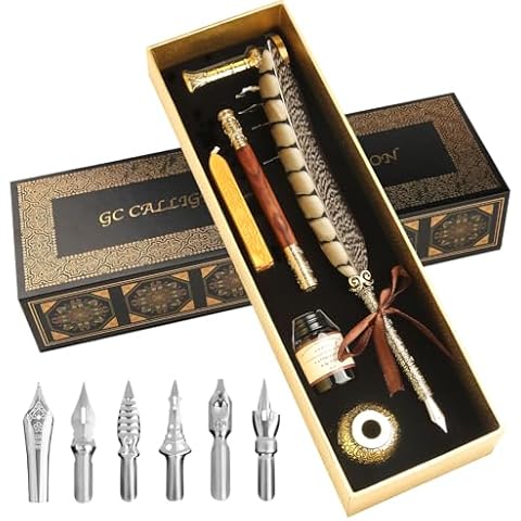 GC QUILL Calligraphy Pen Set - Feather Dip Pen,Dual Tip Calligraphy Fountain Pen, Stamp, Wax Candle, Pen Base, Ink Bottle, Ink Cartridges L1492 Cover