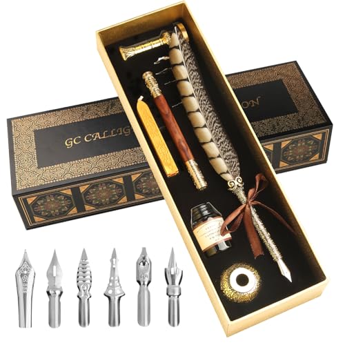 GC QUILL Calligraphy Pen Set - Feather Dip Pen,Dual Tip Calligraphy Fountain Pen, Stamp, Wax Candle, Pen Base, Ink Bottle, Ink Cartridges L1492