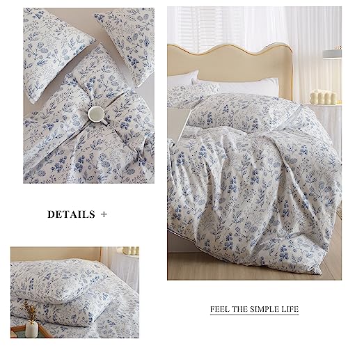VM VOUGEMARKET Duvet Cover Full 3 PCS Blue Floral Bedding Set Botanical Printed on White Duvet Cover Soft Cotton Comforter Cover with Zipper Closure 4 Ties for Teen Girls-80x90 Inch