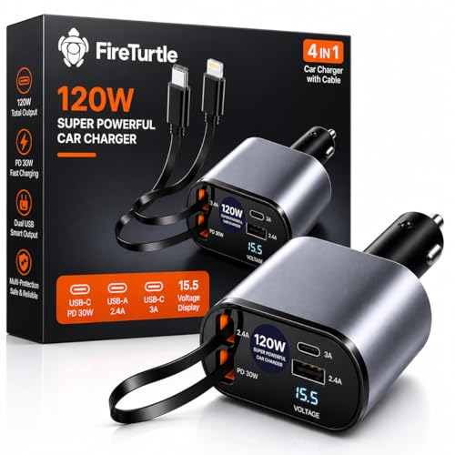 Image of Primate 100W 4-in-1 Retractable Car Charger with Dual USB Ports, Fast Charging Compatible with iPhone 15 /14 /13 /12 Pro Max, iPad, Pixel, and More - 31.5-Inch Retractable Cables (Pull- Back)