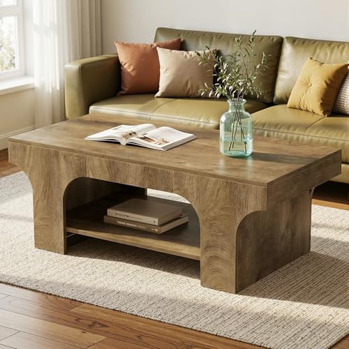 Tribesigns Table Basse 120 cm, Table Rectangulaire 2 Niveaux avec Rangement, Table de Salon Style Rustique en Bois, Table Cocktail Basse Simple pour Salon,...