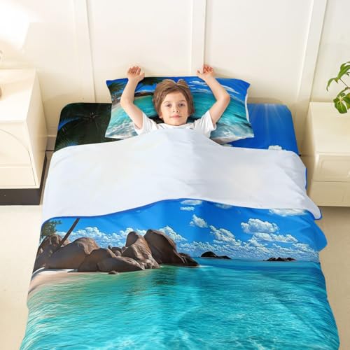 Image of jejeloiu Ocean Beach Bed Sheets Sets Twin Size Kids Boys Girls Blue Sky Sea Bedding Set Tropical Palm Trees Bed Sheet Set with 16-Inch Deep Pockets 3Pcs with 1 Pillow Cases
