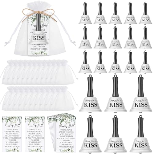 Lounsweer 30 Sets Wedding Kissing Bells Bulk Wedding Party Favors for Guests Ring for a Kiss Bells with Greenery Card Organza Bag Jute Rope Mini Bells for Wedding Reception Favor Goody Bag Supplies