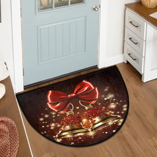 Image of cfpolar Christmas Red Bells Xmas Half Round Door Mat Outdoor Entrance Large 24 inchx36 inch Half Circle Welcome Entrance Way Mat Semi Circular Front Door Mat Area Rug for Garage, Patio, High Traffic Areas