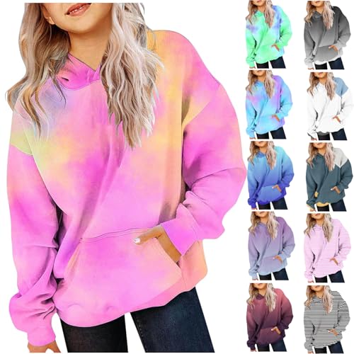 KODMNSW Hoodie Mädchen Sweatshirt mit Kapuze Tie-Dye Farbverlauf Kapuzenpullover Oversized Pullover Casual Langarmshirt Y2K Top Niedliches Oberteile Herbst/Winter Longshirt Rosa 140