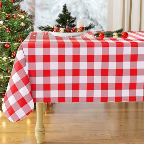misaya Rectangle Waterproof Vinyl Table Cloth, Buffalo Flannel Backed Tablecloth, Wipeable Plastic Table Cover for Dinner, Kitchen, Outdoor (60' x 84', Red and White)