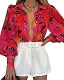 BTFBM Women Fashion Button Down Shirts Lapel V Neck Printed Solid Boho Long Sleeve Blouses Dressy Casual Summer Fall Top(Floral Red, X-Large)