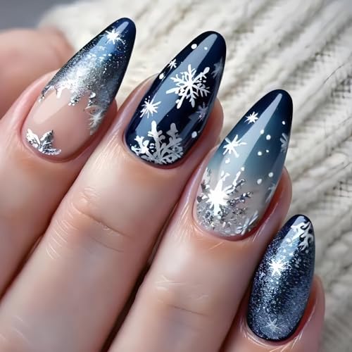 Snowflake Press on Nails Medium Almond Fake Nails Christmas Press...