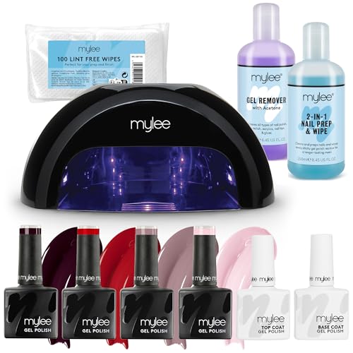Mylee Complete Professional Gel Nail Polish LED Lamp Kit, 4x Colours, Top & Base Coat, PRO Salon Series Convex Curing® LED Lamp, Prep & Wipe, Gel Remover