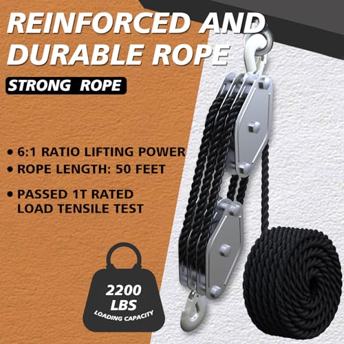 image for YATOINTO Rope Pulley Hoist 2200 LB, Pulley Block and Tackle System 6:1
