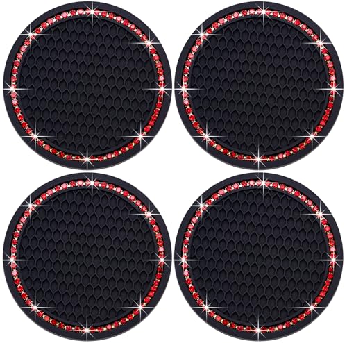 MEAJOO 4PCS Bling Cup Holder Coaster, 2.75 Inch Auto Car Cup Holder Insert Coasters, Soft Silicone Anti-Slip Shockproof, Universal Vehicle Interior Accessories for Women Girls (Black & Red)