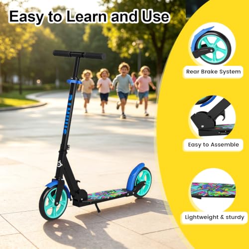 Image of SIMATE Kick Scooter for Kids Teens & Adults, 4 Adjustable Heights, 8IN All Terrain Big Wheels, Foldable and Lightweight, Gifts for Girls Boys
