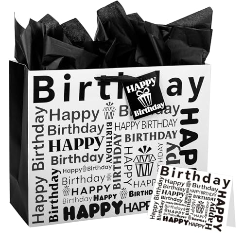 Black Gift Bag for Presents with 3 Tissue Papers and 1 Greeting Card Large Birthday Gift Bag with Handles for Men Women Kids and Adults Birthday Supplies