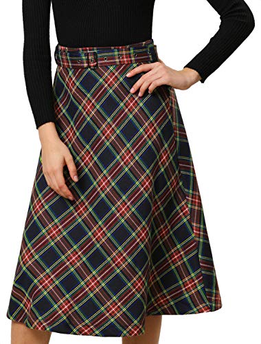 Allegra K Damen Tartan Plaid Hohe Taille Gürtel Vintage A-Linie Midi Rock - Blau - Mittel
