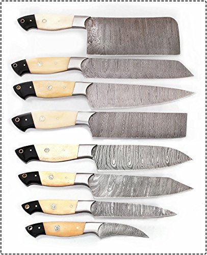 G16B8- Professional Kitchen Knives Custom Made Damascus Steel pcs of Professional Utility Chef Kitchen Knife Set with Chopper/Cleaver Black Horn (at end) GladiatorsGuild (8, White Bone)