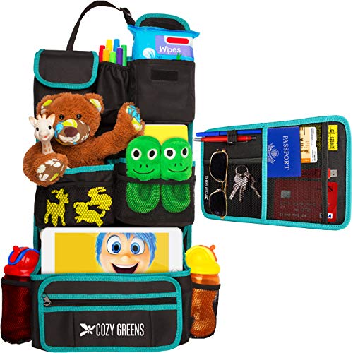 Image of Car Organizer for Back Seat | Eco-Friendly & Strong | Kick Mat Protects Backseat | Free Visor Organizer | Storage for Toys, Travel Accessories, Tablet | Baby Shower Gift Box (Green and Black)