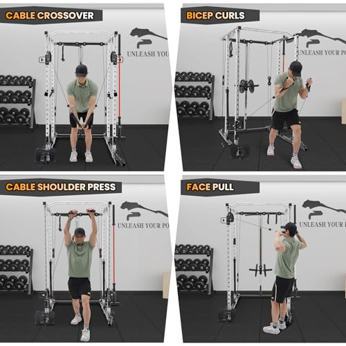 GaveeLife Power Cage, 2000 LBS Power Rack with Cable Cross-Over System, Multi-Functional Strength Training Squat Rack with LAT Pull Down System, Home Gym Equipment with Training Attachment, Red