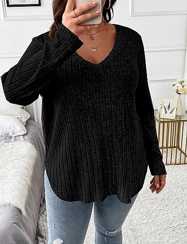 Image of Koscacy Women Plus Size Casual Knit Sweater V Neck Solid Color Tops Lightweight Long Sleeve Blouses