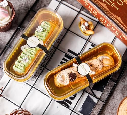 Image of NPLUX Loaf Pans with Lids, 100 Pack Black Gold 6.8oz for Bakery Gifts | Use for tasting samples, dessert bars, fruit cups and brownies; clear top helps buyers see the finished look.