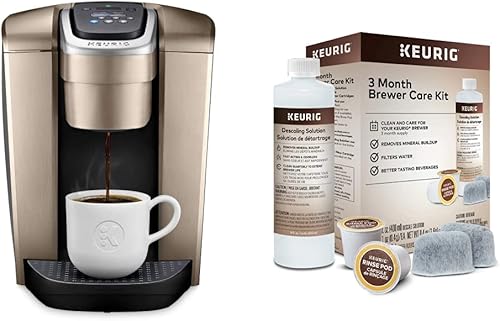 Keurig K-Elite - Cafetera de cápsulas K-Cup de una sola porción, oro cepillado y kit de mantenimiento de cafetera de 3 meses, incluye solución de