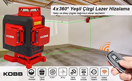 KOBB KBL35G Profesyonel Li-ion Şarjlı 4X360⁰ Otomatik Hizalamalı Yeşil Çapraz Çizgi Lazer Distomat + Uzaktan Kumanda
