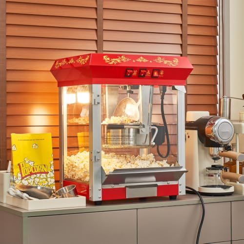 Image of 8 Oz Popcorn Machine with Stainless-Steel Kettle Makes Up to 32 Cups, Vintage Movie Theater Pop Corn Popper with 3-Switch Control, Waste Kernel Drawer, 2 Scoop, Glove & Popcorn Bags