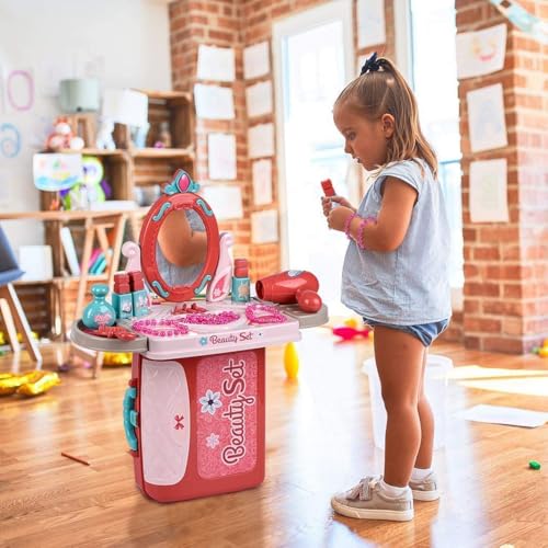 Image of High Trusted Big Beauty Set for Kids Girls 3 in 1 Learning Educational Make Up Suitcase Kit with Makeup Accessories Pretend Play Set Portable Suitcase Toy Gift for Girls (Pink)