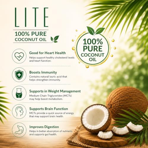 Image of VVD Lite Pure Coconut Oil 1 litre Bottle | Pure Coconut Oil for Cooking | Natural Coconut Cooking Oil | Edible Cooking Oil | Light | Rich Coconut Aroma & Taste | Free from Argemone Oil | Non - sticky | Non-greasy | Less Viscous | Best Value for South Indian Cooking