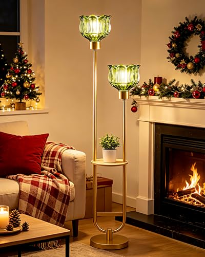 Image of Lightdot 2-Lights Modern Glass Floor Lamp with Table Gold Standing Tall Lamps with Green Glass Shade, Flower Floor Lamp with Foot Switch for Living Room Bedroom Home Decor (Bulbs Included)
