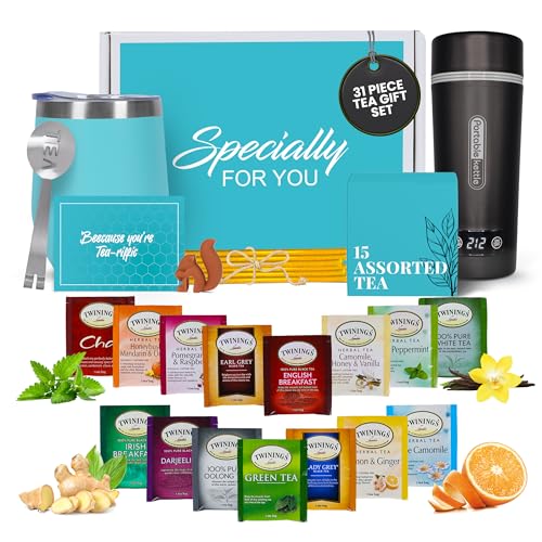 Juego de regalo de té de lujo para mujeres y hombres, incluye hervidor portátil, vaso de acero inoxidable, 15 tés únicos, 10 pajitas de miel, regalos de té para los amantes del té en una hermosa caja